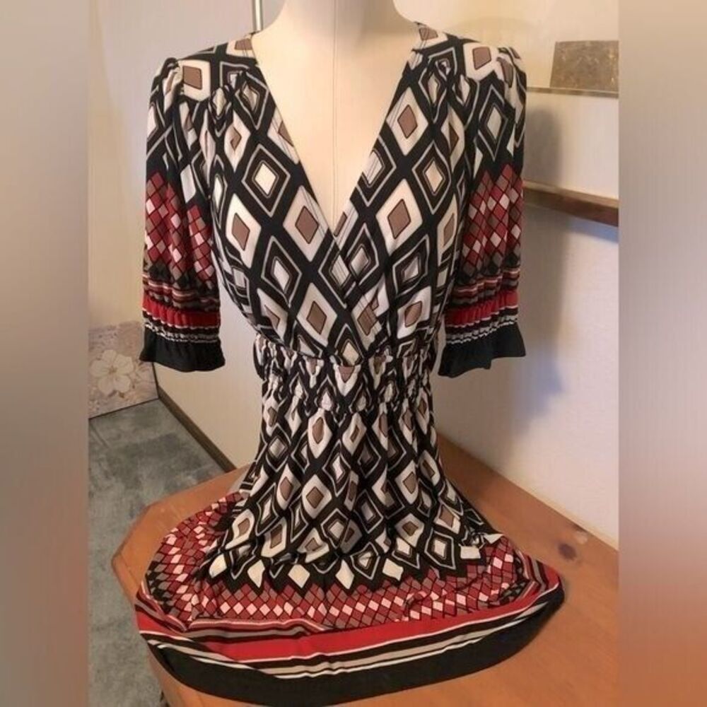 Enfocus Studio Harlequin Diamond Graphic‎ Print Black and Red MIDI Dress